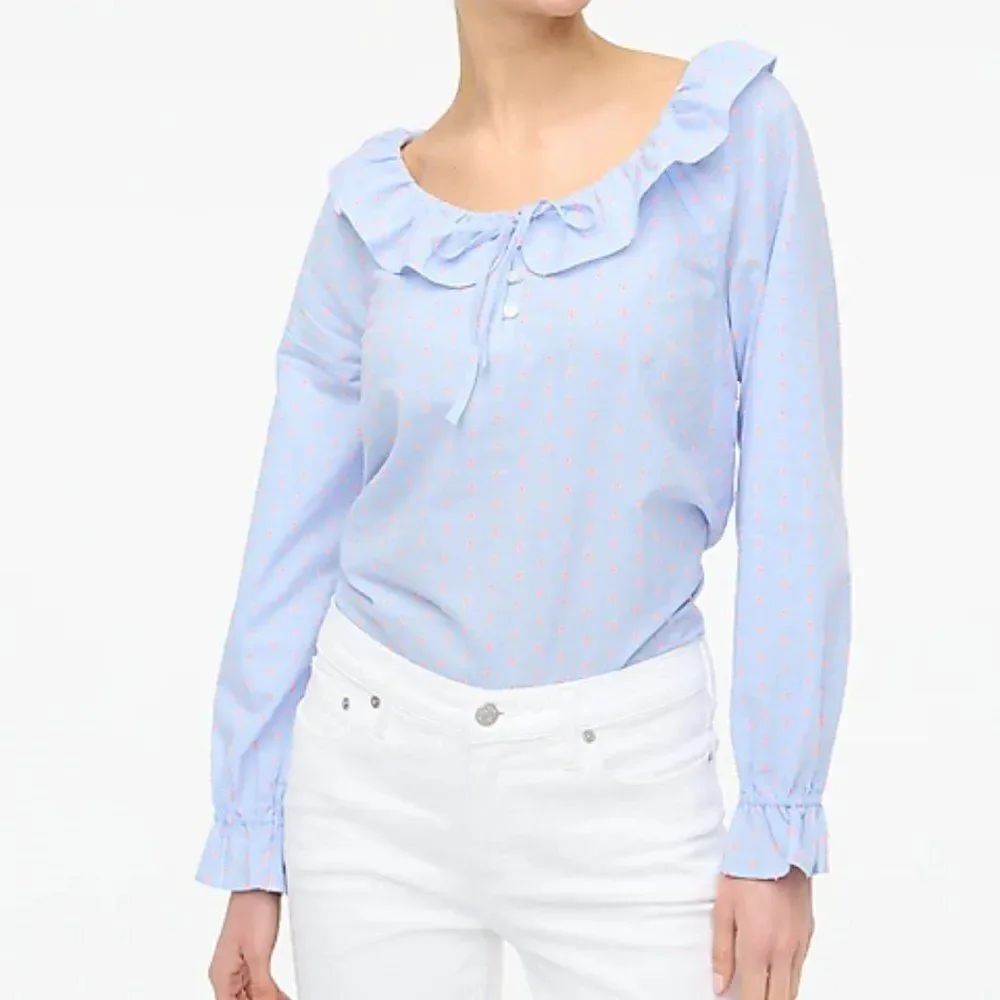 J Crew Cotton Printed Blue Top Women's Long-Sleeve Ruffle‎ Shirt Large Petite